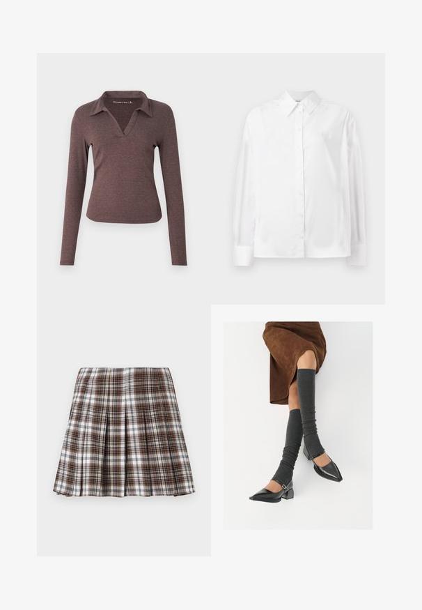 Long-sleeve, V-neck blouse in dark brown, featuring a collared neckline and a fitted silhouette with soft, textured fabric.; White long-sleeve button-up shirt in a smooth cotton blend. Features a classic collar, front button closure, and rounded cuffs.; Brown and white plaid pleated skirt with a structured design and crisp texture, featuring a high waist and multiple vertical folds.; Black patent leather pointed-toe shoes with a block heel and ankle strap, paired with gray ribbed leg warmers and a brown suede skirt.
