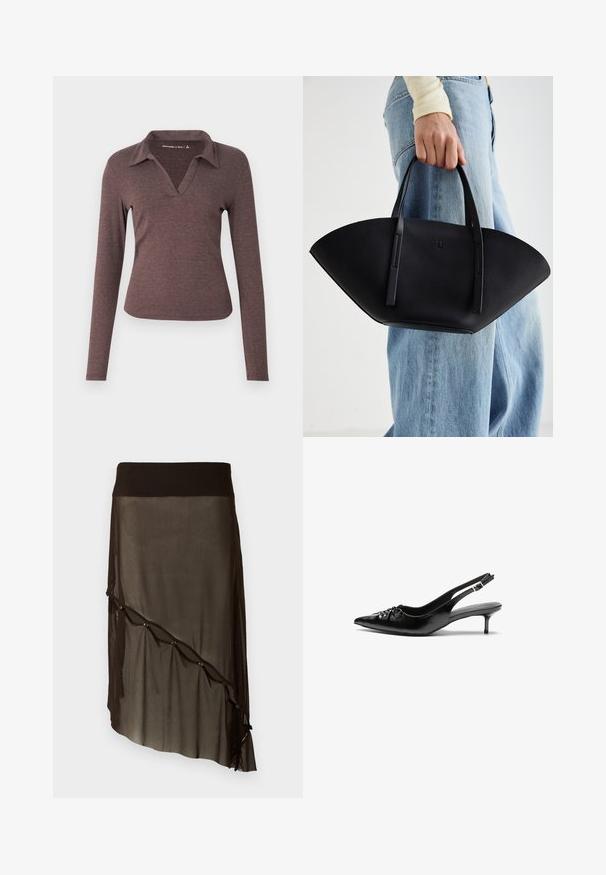 Long-sleeve, V-neck blouse in dark brown, featuring a collared neckline and a fitted silhouette with soft, textured fabric.; Black mesh skirt with a fitted waistband, asymmetrical hem, decorative buttons along the front, and layered sheer texture.; Black leather slingback heels with a pointed toe, small kitten heel, and a decorative knot detail on the front. Smooth texture throughout.; Black leather handbag with a unique fan shape, featuring flat handles. The surface has a pebbled texture and a minimalistic design.