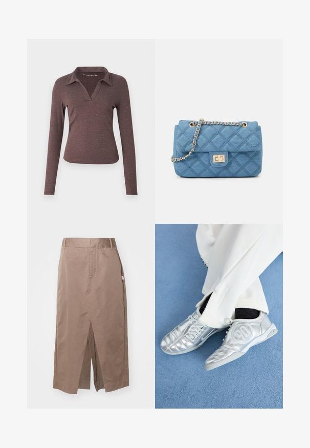 Tumedat prillidega V-kaelusega pikkade varrukatega blusš, millel on krae ja hästi liibuv siluett pehmest tekstuuriga kangast.; Pruun puuvillane seelik otsejoonisega, millel on ees lõhik, küljetaskud ja tavaline vöökoht. Sile tekstuur ja kohandatud õmblused.; Hõbedased spordijalatsid, millel on sile ja läikiv pind, eristuvad õmmeldud mustriga ning külje peal on number 90, millele on lisatud valged püksid.; ONLY ONLFLORENCE CROSSBODY BAG - Ülerinna-kott - blue denim/gold; Hõbedased ripatskeeled õhukese, võrgusilma meenutava ketidisainiga ja sirgete varreaktsentidega, millel on liblikakujulised lukud turvaliseks kinnitamiseks.