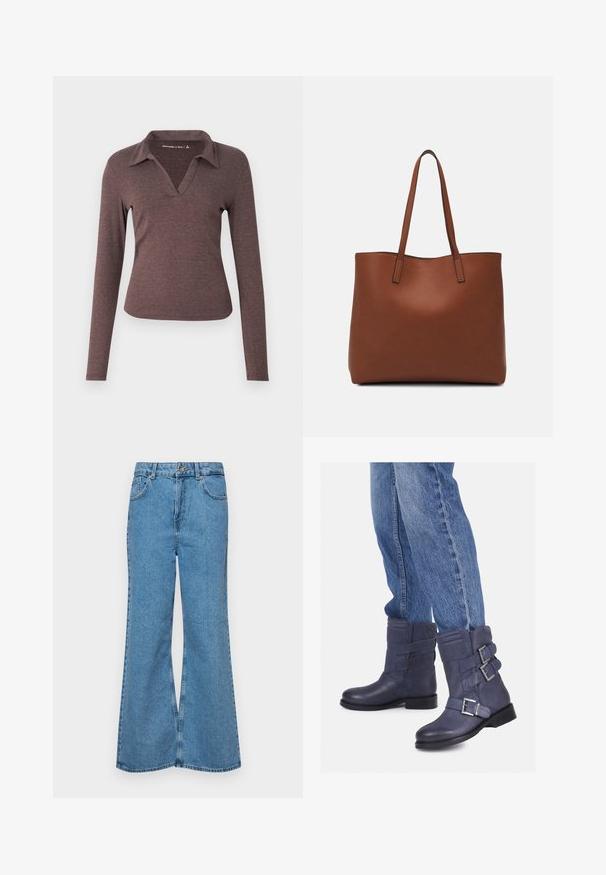 Blusa de manga larga y escote en V en marrón oscuro, con cuello de camisa y una silueta ajustada, confeccionada en un tejido suave y texturizado.; Jeans acampanados de color azul claro hechos de denim, con una cintura alta, cinco bolsillos y un cierre de botón. Textura suave con acabado desgastado.; Botas de cuero azul hasta el tobillo con tres tiras de hebilla plateadas. Punta redondeada, tacón plano y parte superior texturizada, combinadas con unos vaqueros de mezclilla.; Bolso tote de cuero marrón con una textura suave, diseño de apertura superior y dos correas para el hombro. Presenta una costura mínima y sin herrajes visibles.