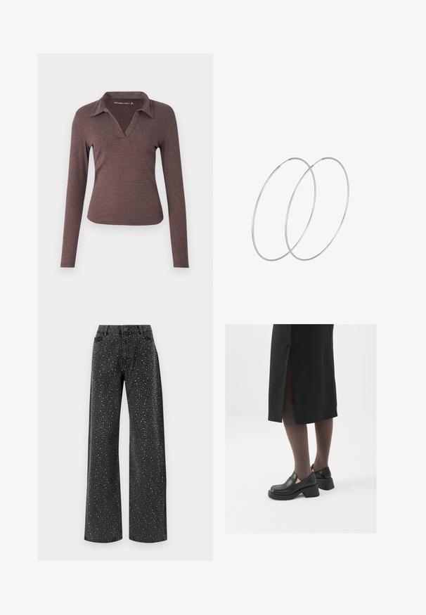 Langærmet V-hals skjorte i mørkebrunt, med krave og en tætsiddende silhuet lavet af blødt, struktureret stof.; Noisy May NMJANNEL LOOSE - Jeans Relaxed Fit - black denim; Sorte lædersko med rund tå, kraftig blokhæl og elastiske sideaccentuer, parret med mørke strømpebukser og en sort nederdel med slids.; Sølvøreringe med et minimalistisk design. Cirkulær form, glat tekstur og tynd profil. Letvægtige med en poleret overflade.