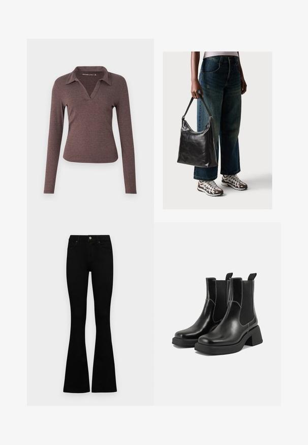 Langarm-Bluse mit V-Ausschnitt in Dunkelbraun, mit einem Kragenhals und einer figurbetonten Silhouette aus weichem, strukturiertem Stoff.; Schwarze hochtaillierte Jeans mit einem Knopf- und Reißverschluss, Fronttaschen und ausgestellten Beinen, flach auf einem weißen Hintergrund ausgelegt.; Schwarze Leder Chelsea-Stiefel mit einem klobigen Absatz, elastischen seitlichen Einsätzen und kontrastierendem weißen Nähten. Strukturierte Oberfläche.; Schwarze Leder-Schultertasche mit glatter Textur und verstellbarem Riemen, kombiniert mit ausgewaschenen weit geschnittenen Jeans und sportlichen Sneakern.