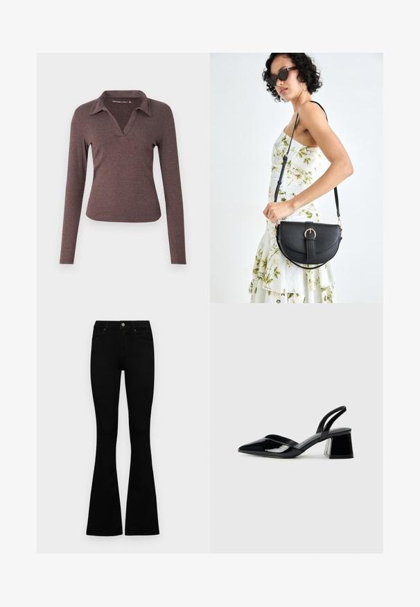 Bluză cu mânecă lungă, decolteu în V, în culoare maro închis, cu guler și o siluetă ajustată dintr-un material moale și texturat.; Jeans negri cu talie înaltă, cu închidere prin nasture și fermoar, buzunare frontale și picioare evazate, așezați pe un fundal alb.; Pantofi cu toc slingback din piele lacuită neagră, cu vârf ascuțit și toc geometric. Prezintă un design elegant, minimalist și o textură netedă.; Geantă din piele neagră, cu o formă curbată, curea detașabilă și accesorii aurii. Geanta are un capac cu un detaliu tip cataramă.