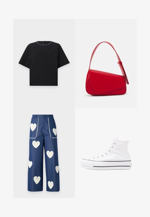 Camisa de t-shirt preta de manga curta com decote redondo, adornada com tachas prateadas e um pequeno bolso no peito. Feita de um suave tecido de algodão.; Sister Jane HEART TO HEART - Calças de ganga de perna direita - blue denim; Sapatilha alta de tela branca com sola de borracha preta, bico de borracha na frente e seis ilhós para os atacadores, apresentando um design limpo e minimalista.; Bolsa de mão em couro vermelho com um design angular e geométrico. Apresenta uma única alça ajustável e um fecho com aba, com detalhes cosidos.
