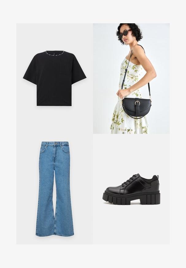 Crna majica s kratkim rukavima i okruglim izrezom ukrašena srebrnim zakovicama i malim džepom na prsima. Izrađena od mekog pamuka.; Svijetloplave traperice s flared nogavicama, visokog struka, s pet džepova i jednim dugmetom za zatvaranje. Mekani materijal s izblijedjelim izgledom.; Crne kožne platforme s debelim blok-peta, okruglim prstima i klasičnim dizajnom vezanja. Imaju gladak tekstur i minimalne detalje.; Crna kožna torba s lukovitim oblikom, odvojivim remenom i zlatnim detaljima. Torba ima preklop s kopčom.