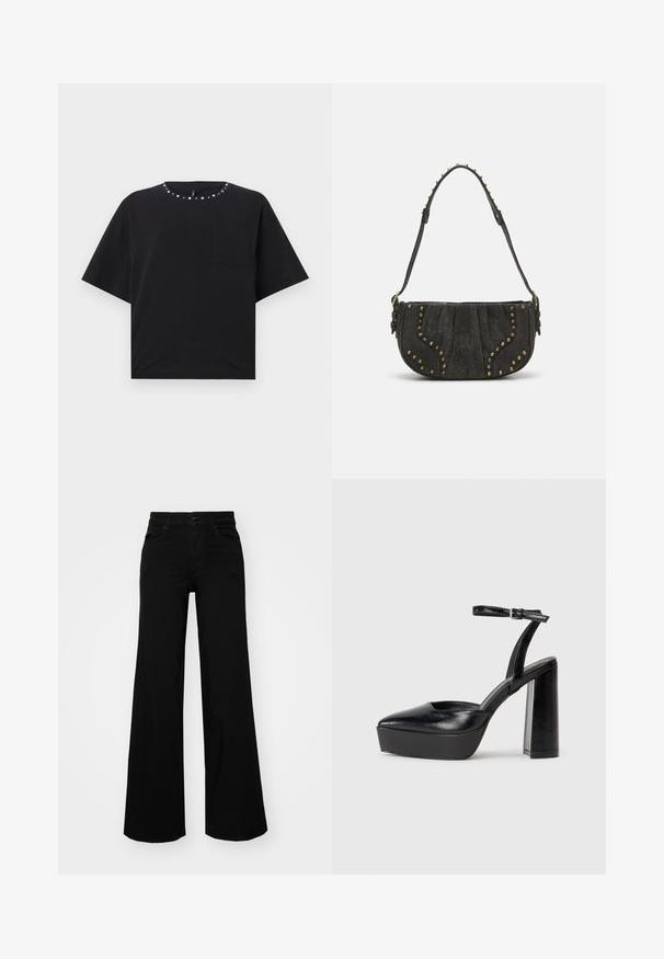 Juodas trumpomis rankovėmis marškinėliai su apvalia iškirpte, dekoruoti sidabro spalvos smeigėmis ir maža krūtinės kišenė. Pagaminti iš minkštos medvilnės medžiagos.; Juodos plačios kelnės iš denimo, turinčios struktūruotą juosmenį, diržo kilpas ir priekines kišenes. Lygus paviršius su klasikinio dizaino elementais.; Juodi platforminiai aukšti kulniukai su smailiu kojų pirštu ir reguliuojamu kulkšnies dirželiu. Pagaminti iš lygaus odos, turi masyvų blokinį kulną.; Juodas zomšinės rankinės su išlenktu dizainu, su vinių akcentais ir tekstūruota paviršiumi. Reguliuojama petneša su viniukų detalėmis aplink kraštą.