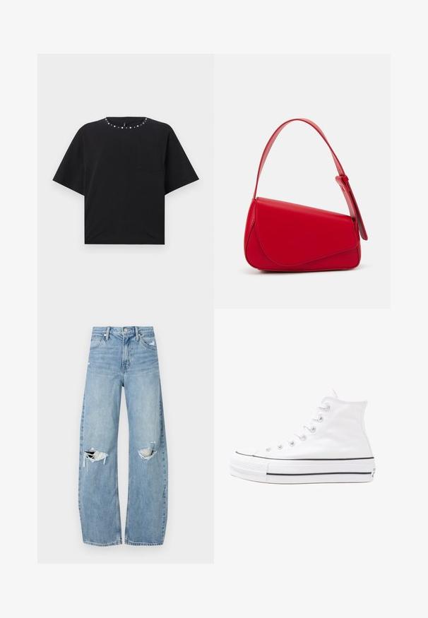 Black short-sleeve t-shirt with a round neck embellished with silver studs and a small chest pocket. Made from soft cotton fabric.; Light blue, high-waisted jeans made of denim. Feature wide legs, two torn knee areas, and classic five-pocket styling.; White high-top canvas sneaker with black rubber sole, front rubber toe cap, and six eyelets for laces, featuring a clean, minimalist design.; Red leather handbag with an angular, geometric design. Features a single adjustable strap and a flap closure with stitched detailing.