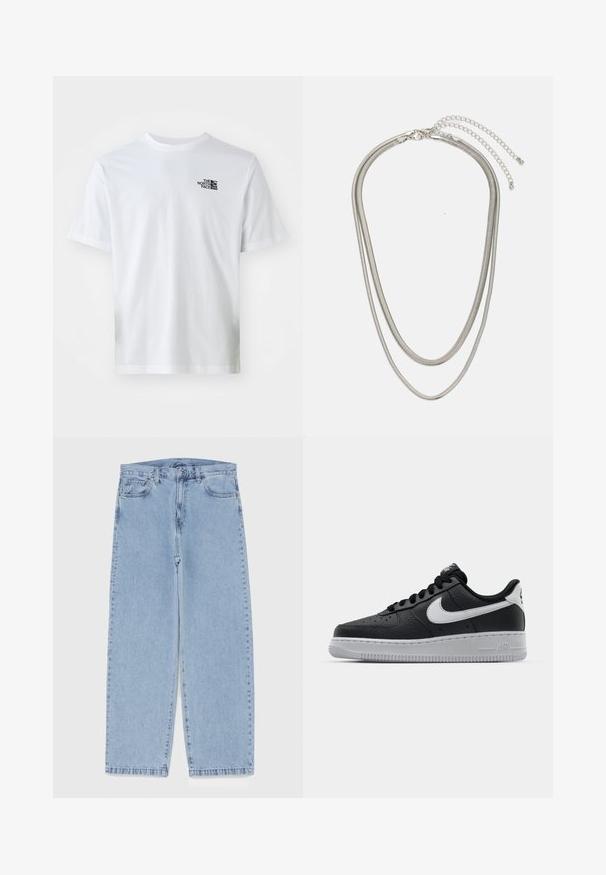 White cotton t-shirt with short sleeves, a crew neck, and a small black logo on the chest. Standard fit, smooth texture, no patterns.; Light blue denim jeans with straight leg design, featuring a mid-rise waist, five pockets, and a button and zipper closure.; Black leather sneaker with textured surface, white Nike swoosh, gray sole, round toe, and lace-up design. Features perforations on toe box.; Three-layered silver metal necklace featuring sleek, flexible chains with a slight sheen, secured with a lobster clasp and adjustable chain.