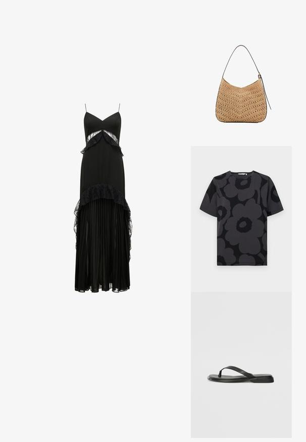 Dark gray t-shirt featuring a floral pattern in varying shades of gray and black, short sleeves, and a rounded neckline.; Black maxi dress with spaghetti straps, lace accents, layered ruffles at the waist, and a pleated skirt. Smooth texture, elegant silhouette.; Black flip-flop made of smooth leather, featuring a thin strap design and a flat sole with a minimal profile. No notable patterns or accents.; Woven straw shoulder bag with a curved shape, featuring a dark leather strap and a textured surface with a chevron pattern.