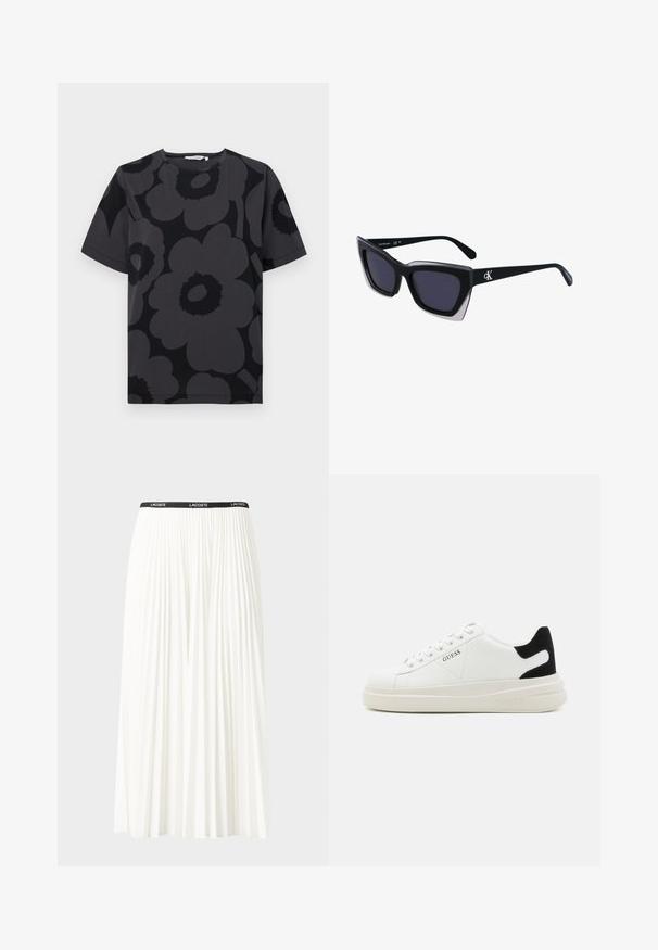 Tamsiai pilka marškinėliai su įvairiais pilkos ir juodos spalvų atspalviais gėlių raštu, trumpomis rankovėmis ir apvalia iškirpte.; Pleated balta sijonas su juodu elastiniu juosmeniu, ant kurio yra "LACOSTE" logotipas. Vidutinio ilgio dizainas su švelnia tekstūra.; Baltos odinės sportbačiai su storu baltu padu, juodu nubuko kulno akcentu ir iškilmingu logotipu šone. Su raišteliais, turinčiais šešis akinius.; Juodos didelės saulės akinių su geometrine forma, turinčiais tamsius objektyvus ir kontrastingą pilką detalę ant rėmelio. Logotipas ant šalon.