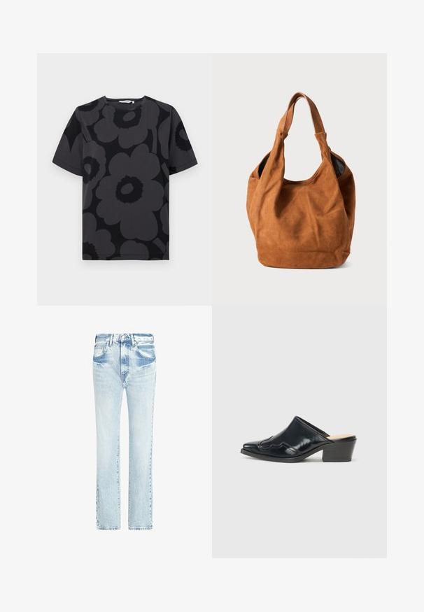 Tamno siva majica s kratkim rukavima, koja prikazuje cvjetni uzorak u različitim nijansama sive i crne boje, s okruglim izrezom.; Svijetloplave traperice s ravnim nogavicama, pet džepova i izblijedjelom teksturom. Imaju vidljive šavove i klasično kopčanje na gumbar.; Crne lakirane melise s izoštrenim prstima, zakrivljenim dizajnom i niskim blok petama s dekorativnim šavovima duž gornjeg dijela.; Smeđa nubuk torba preko ramena s mekom teksturom, zakrivljenim oblikom i dva ručka. Ima minimalistički dizajn bez vidljivih metalnih dijelova ili naglašavanja.