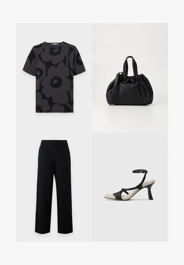 Mørk grå t-skjorte med blomster mønster i forskjellige nyanser av grått og svart, korte ermer og rund hals. ; Svarte vide bukser laget av glatt stoff, med flat front, to vertikale sømmer og en enkel midje-design.; Sorte helårs sandaler med flettet stroppesdesign, firkantet tå og justerbar ankelrem. Lys beige fotseng med glanset svart hæl.; Svart lærveske med en samlet toppdesign, som har to korte håndtak og en lang justerbar stropp. Glatt tekstur, rund form.