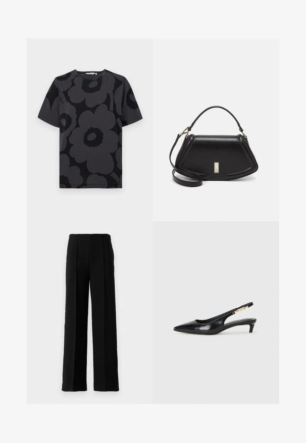 T-paita tummanharmaalla pohjalla, jossa on kukkakuvio eri harmaan ja mustan sävyissä, lyhyet hihat ja pyöreä pääntie.; Mustat korkeat leveälahkeiset housut etulaskoksilla, esiteltyinä yksinkertaisen valkoisen taustan edessä.; Mustat nahkaiset slingback-korkokengät, joissa on terävä kärki, ohuet korot ja kultasävytteinen yksityiskohta säädettävässä hihnassa. Silkkinen pinta.; Mustalla nahkalaukulla, jossa on jämäkkä muotoilu, lyhyt malli, yläkahva ja kultaiset yksityiskohdat. Säädettävä olkahihna sisältyy.