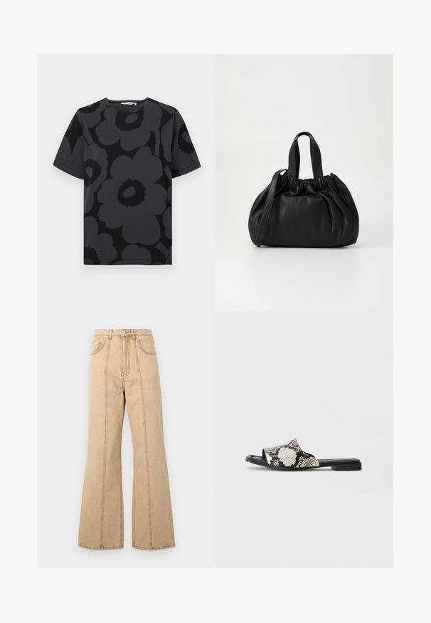 Tumši pelēks T-krekls ar ziedu rakstu dažādās pelēkās un melnās krāsās, īsām piedurknēm un noapaļotu kakla izgriezumu.; Bežīgas platās bikses ar augstu jostasvietu, piecām kabatām un kontrastējošām šuvēm, kas piešķir papildu detaļas. Kokvilnas audums ar gludu tekstūru.; Atvērtu pirkstu slaidu sandales ar melnu un baltu čūsku rakstu, plakanu melnu zoli un minimālistisku dizainu. Gluda tekstūra, sintētiskie materiāli.; Melnas ādas rokassomu ar savākta augšdaļa dizainu, kas aprīkota ar divām īsām rokturiem un garu regulējamu siksnu. Gluda tekstūra, noapaļota forma.