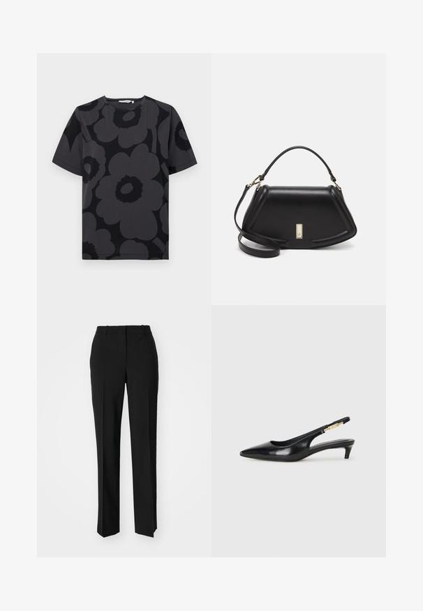 Tumehall särk, millel on lilleline muster erinevates halli ja musta toonides, lühikesed varrukad ja ümar kaelus.; Mustad ja sirged püksid, millel on sile tekstuur ja teravad voldid esiosas. Ilma nähtavate detailideta.; Mustad nahast slingback kontsad terava ninaga, millel on õhuke konts ja kuldse tooni aktsent reguleeritaval rihmal. Sile tekstuur.; Must mustrist käekott, millel on struktureeritud disain, lühendatud kuju, ülemine käepide ja kuldne metallist detail. Reguleeritav õlalihm on kaasas.