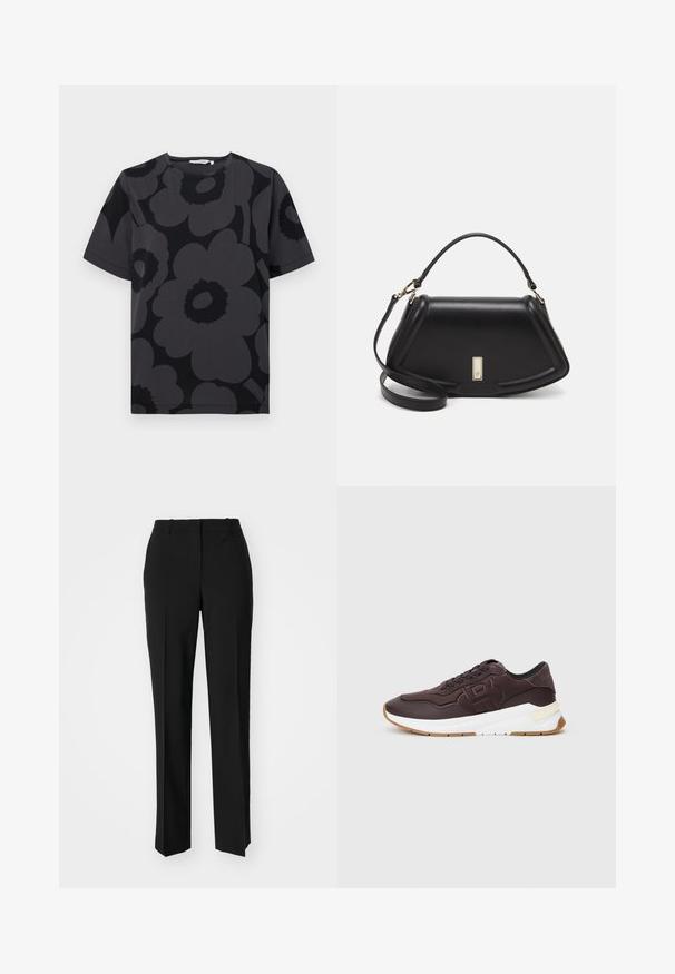 Mörkgrå t-shirt med ett blommönster i olika nyanser av grått och svart, korta ärmar och rundad halsringning.; Svarta skräddarsydda byxor med rak benform, med en slät yta och skarpa veck fram. Ingen synlig hårdvara.; Mörkbruna sneakers med svart foder, präglad logotyp på sidan, vit tjock sula och gummifärgad yttersula på en enhetlig bakgrund.; Svart läderhandväska med en strukturerad design, som har en avskuren form, ett handtag upptill och guldiga detaljer. Justerbar axelrem ingår.
