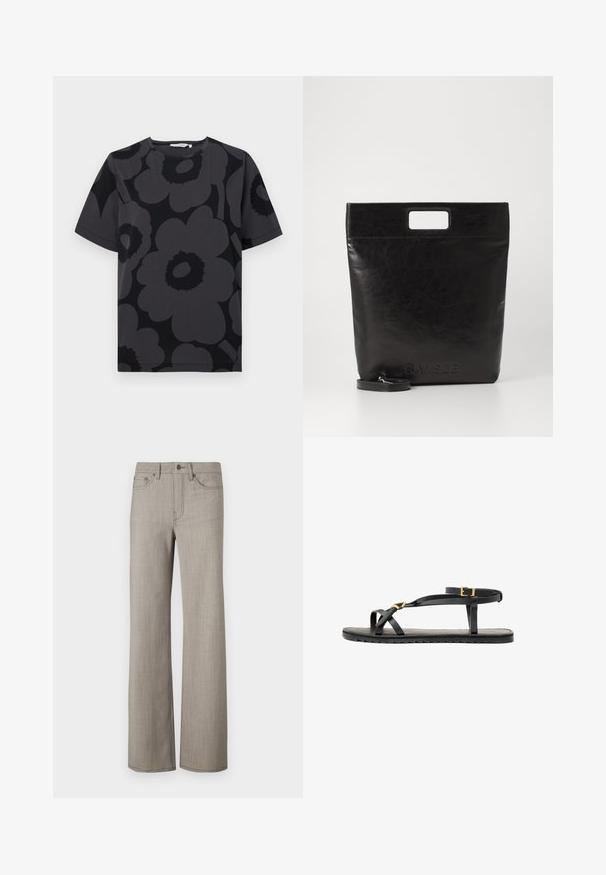 Dark gray t-shirt featuring a floral pattern in varying shades of gray and black, short sleeves, and a rounded neckline.; Wide-leg pants in a light gray, textured fabric with a smooth finish. Features a button closure and five-pocket design.; Black leather sandals with thin straps and a buckled ankle strap. Flat sole with a textured finish and zigzag edge. Minimalist design.; Black leather tote bag with a square handle, featuring a textured finish and embossed logo. Includes a detachable strap.