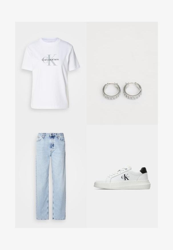 T-shirt branco de algodão com decote redondo, mangas curtas e um logo Calvin Klein cinza no peito. Design de corte clássico.; Calças em ganga de perna larga de tom azul claro, com cintura alta, lavagem desbotada e um discreto padrão tie-dye na parte da frente.; Sapatilhas brancas de cano baixo com aba preta no calcanhar, sola tipo plataforma, cordões e logo "CK" da Calvin Klein na lateral.; Brincos em argola prateados com um design texturizado que apresenta sulcos verticais. Forma circular com um fecho de segurança. Acabamento suave.