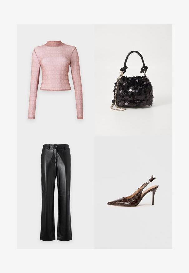 Ilgų rankovių, aukštai kaklo palaidinė iš skaidraus šviesiai rožinio audinio su viso paviršiaus logotipo raštu. Prigludusi trumpa dizaino forma su lygiu paviršiumi.; Juodos odinės kelnės su tiesiu kirpimu, turinčios priekinį sagos uždarymą, diržo kilpas ir glotnų, poliruotą paviršių.; Ruda, krokodilo raštuota odinė slingback aukštaaulė su smailiu nosiu, atvirais šonais ir plonu aukštu kulnu. Sukurta su sagties reguliavimu.; Juodas blizgučių mini rankinukas su mazguotu tekstūruotu dirželiu ir sidabro grandine. Suapvalinta forma su susiraukšlėtopu ir atspindinčiomis detalėmis.