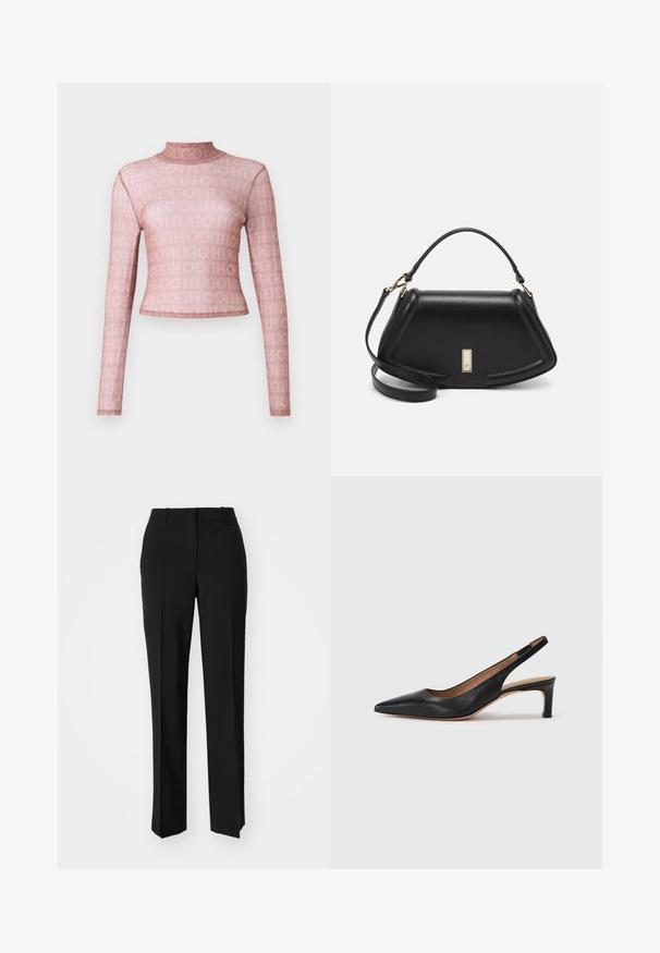 Long-sleeve, high-neck top in sheer light pink fabric featuring an all-over logo pattern. Fitted crop design with smooth texture.; Black tailored trousers with a straight-leg design, featuring a smooth texture and crisp creases along the front. No visible hardware.; Black leather slingback pump with a pointed toe, low heel, and a smooth texture. Features a thin adjustable strap for a secure fit.; Black leather handbag with a structured design, featuring a cropped shape, top handle, and gold hardware accent. Adjustable shoulder strap included.
