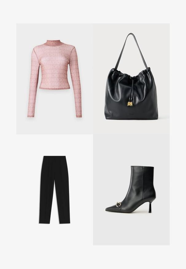 Top de manga larga y cuello alto en tejido semitransparente de color rosa claro con un patrón de logotipos en toda la prenda. Diseño ajustado tipo crop con textura suave.; Pantalones negros de corte recto, con doble pinza, textura suave y un diseño de cinturilla clásica. Sin hardware o acentos visibles.; Botín negro de cuero hasta el tobillo con punta afilada, tacón delgado de altura media y detalle de hebilla plateada en el lateral, sobre un fondo liso.; Bolso de drawstring de cuero negro con textura suave, parte superior recogida y sutil herrajes dorados. Cuenta con una sola correa resistente y un logo en relieve.