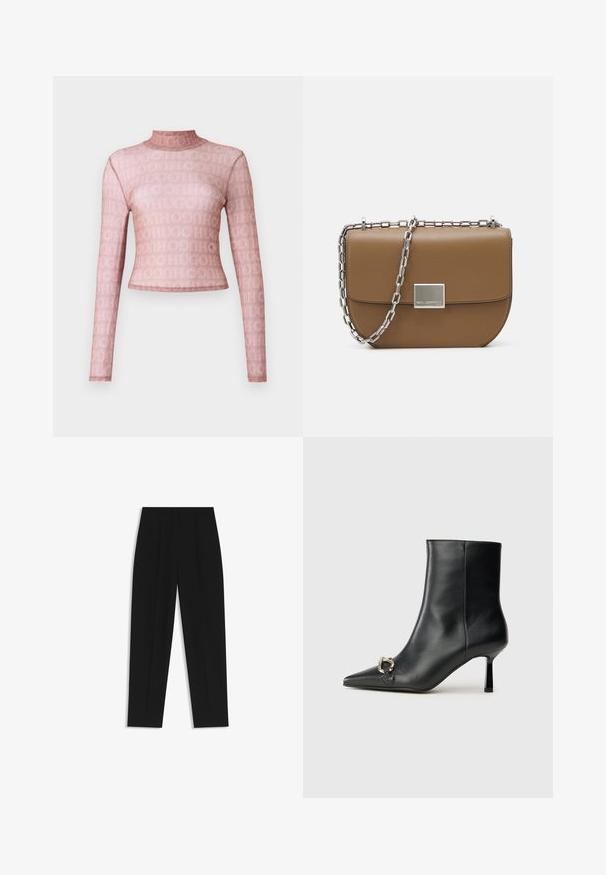 Langærmet, højhalset top i gennemsigtigt, lys lilla stof med et hel over logo-mønster. Tæt figursyet cropped design med glat tekstur.; Sorte bukser med lige pasform, der har dobbelte folder, en glat tekstur og et klassisk taljedesign. Ingen synlige hardware eller accenter.; Sort læder ankelstøvle med spidse tæer, slank hæl i mellemhøjde og sølvspænde detaljer på siden mod en ensfarvet baggrund.; Brun læder crossbody taske med en buet form, sølv kædested og en firkantet metallisk spænde detalje på forsiden.