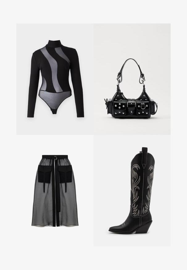 Crna bodi s dugim rukavima, prozirnim mrežastim panelima i visokim ovratnikom. Ima uski kroj i kopčanje na dnu.; Crna prozirna suknja s nabranim pojasom, koja ima dva velika prednja džepa, remen oko struka i okrugli metalni detalj.; Crne kožne kauboj čizme s šiljastim prstima, klinastim potpeticama i srebrnim izvezenim cvjetnim uzorcima duž osovine. Kontrastni šavovi posvuda.; Crna kožna torba s zakrivljenim dizajnom, koja sadrži srebrne zakovice, kopču i dva bočna džepa. Podesiva traka za različite opcije nošenja.