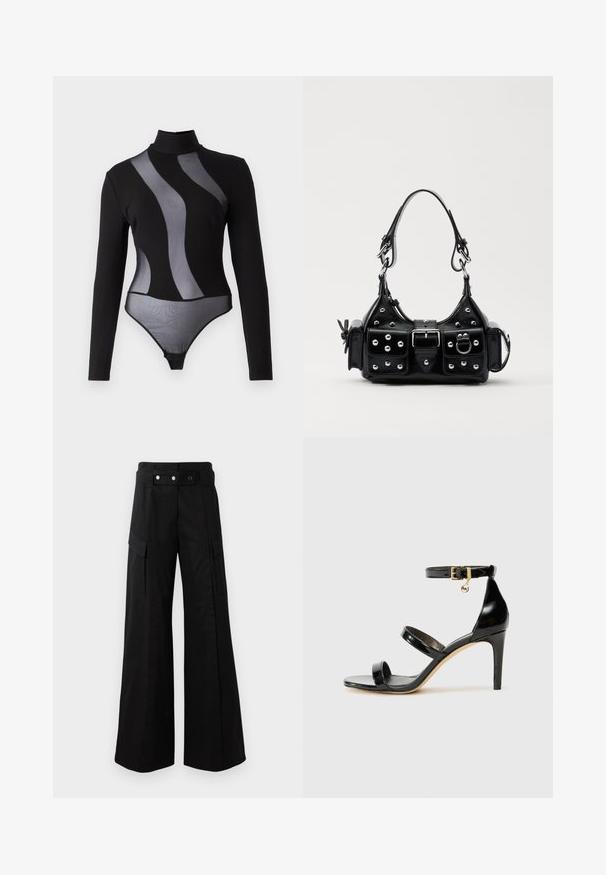 Čierny dlhý rukáv body s priehľadnými sieťovanými panelmi a vysokým golierom. Má priliehavý strih a zapínanie na patentky na spodnej časti.; Čierne široké nohavice s vysokým pásom, ktoré majú veľké bočné vrecká, dva predné gombíky a detaily v podobe slučiek. Vyrobené z pevnej tkaniny.; Čierne lakované sandále s tromi pásikmi, spona na členku a 10 cm ihlovým podpätkom. Obsahujú zlaté detaily s hardwarem a logo prívesok.; Čierna kožená kabelka s zakriveným dizajnom, doplnená striebornými cvočkami, prackou a dvoma bočnými vreckami. Nastaviteľný popruh poskytuje rôzne možnosti nosenia.