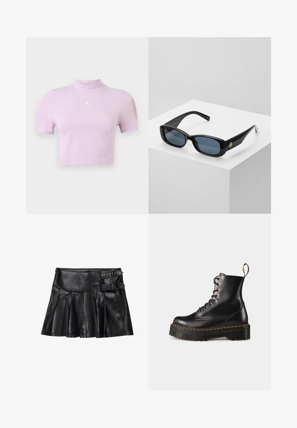 Top scurt cu mâneci scurte, de culoare mov deschis, fabricat dintr-un material elastic. Are un guler fals și un logo alb pe piept. Textură netedă.; Fustă din piele neagră cu pliseuri, talie largă și două detalii cu catarame pe lateral. Textură netedă cu un finisaj lucios.; Botine din piele neagră, cu șireturi, până la gleznă, cu o talpă chunky neagră și cusături galbene. Dispune de o etichetă de tragere la spate și orificii metalice circulare.; Ochelari de soare rectangulari negri cu lentile nuanțate de albastru, cu rame groase și un accent circular auriu pe lateral. Finisaj elegant și lucios.; Geantă bordeaux din material sintetic, cu un design structurat, având un breteau detașabil și o eșarfă cu un model floral legată de mânere.
