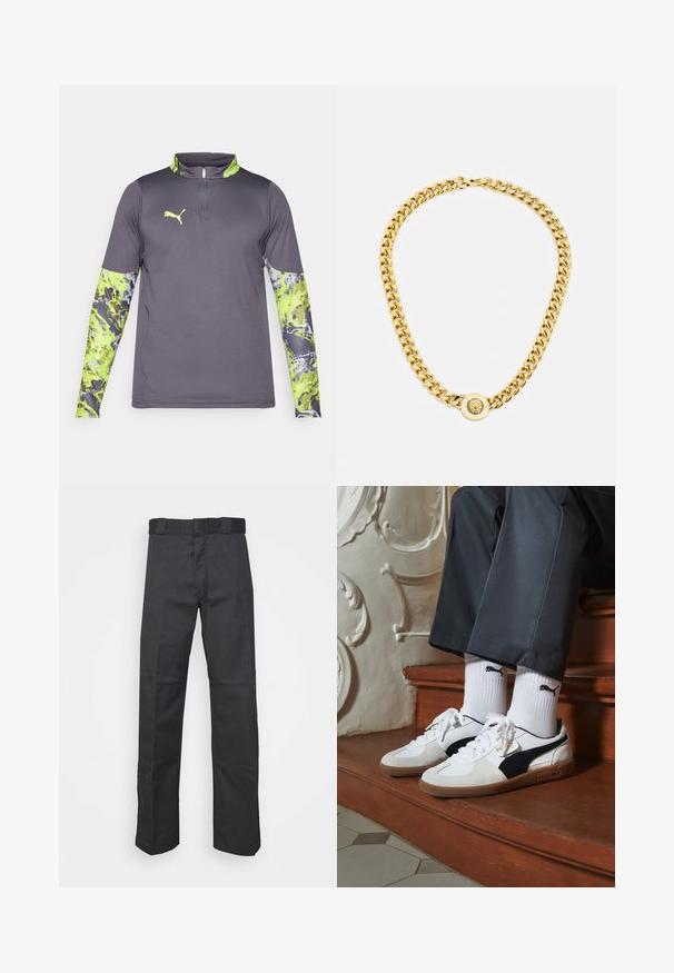 Grå träningsskjorta med en kvart-zipp krage. Långa ärmar har ett livligt grönt och grått abstrakt mönster. Logotyp på bröstet.; Svarta byxor av slitstark tyg med rak bendesign, midja med bälteshål och sömmar för extra struktur.; Puma-sneakers i vit och svart mocka, med en brun gummisula. Kombinerade med vita strumpor som visar upp en svart logotyp, bärs tillsammans med mörka byxor.; Guldhalsband med stora sammanlänkade kedjor, med en cirkulär hängare i mitten som har en upphöjd emblem.