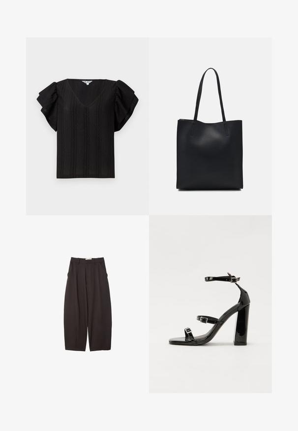 Top nero con scollatura a V, maniche corte a volant e righe verticali testurizzate. Realizzato in tessuto leggero. Design semplice e taglio morbido.; Pantaloni neri a gamba larga realizzati in un tessuto morbido, con vita alta, pieghe frontali e tasche laterali. Design semplice senza decorazioni.; Sandali con tacco in vernice nera, con punta squadrata, cinturini alla caviglia e fibbie in argento. Presentano un tacco a blocco spesso per maggiore stabilità.; Borsa tote in pelle nera con texture liscia, forma rettangolare e due manici lunghi. Nessun hardware o decorazione visibile.