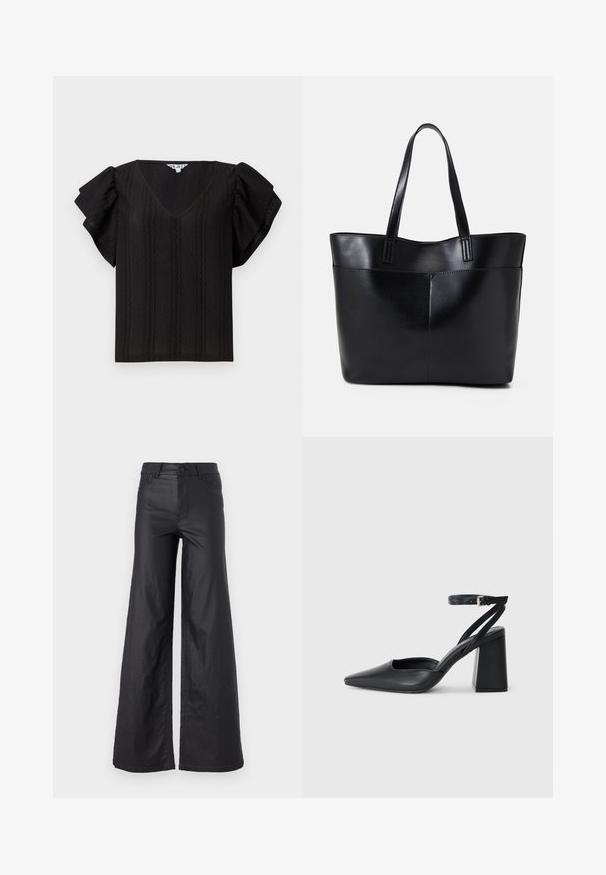 Sort top med V-hals, korte rynkede ærmer og teksturerede vertikale striber. Lavet af letvægtsstof. Simpel, løstsiddende design.; Sorte, vidde bukser i et materiale der ligner læder. Har høj talje, bæltestropper, to forlommer og stiksyninger.; Sort læder spidse pumps med ankelrem og en chunky hæl. Flad tekstur, slankt design og minimalistisk æstetik.; Sort læder tote taske med to lange håndtag, en glat tekstur og en struktureret form. Har en forlommem for ekstra opbevaring.