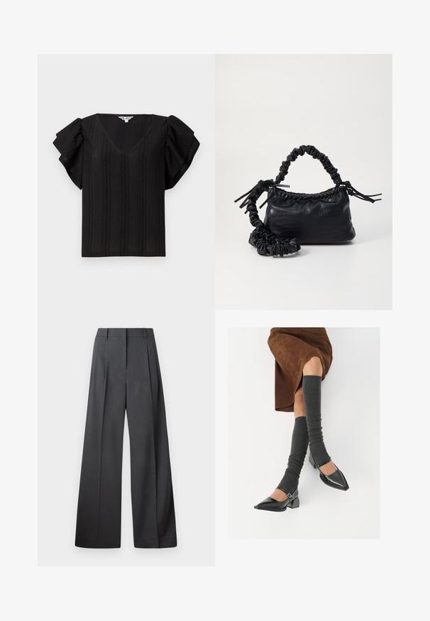 Top negro con escote en V, mangas cortas con volantes y rayas verticales texturizadas. Confeccionado en tela ligera. Diseño simple y de corte holgado.; Pantalones de pierna ancha en tejido gris oscuro, con una cintura alta, pliegues simples y una textura suave con un acabado limpio en los dobladillos.; Zapatos de charol negros con punta afilada, tacón bloque y tira de tobillo, combinados con calentadores de piernas de canalé grises y una falda de ante marrón.; Bolso de mano de imitación cuero negro con textura de cocodrilo, parte superior fruncida y correa arrugada. Presenta un diseño suave y compacto.