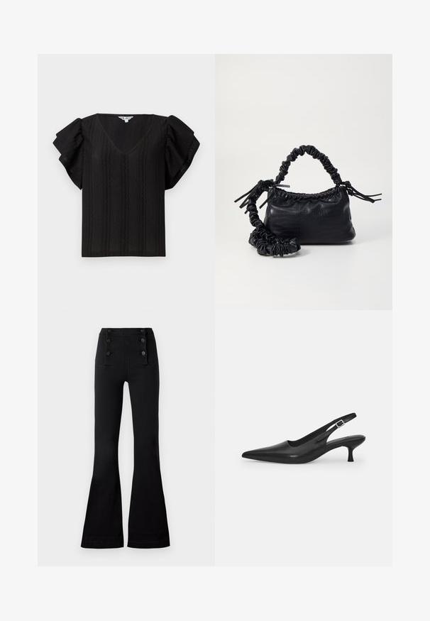 Zwarte top met een V-hals, korte gerimpelde mouwen en textuur met verticale strepen. Gemaakt van luchtige stof. Eenvoudig, losvallend design.; Zwarte flared jeans met een hoge tailleband, voorzien van vier decoratieve knopen aan de voorkant en een gladde textuur.; Zwarte leren slingback schoen met een puntige neus en een slanke, gebogen hak. Voorzien van een discrete verstelbare band met een metalen gesp.; Zwarte nepleer handtas met een krokodillenstructuur, opgedroogde bovenkant en een gekreukte hengsel. Het lijkt zacht en compact van ontwerp.