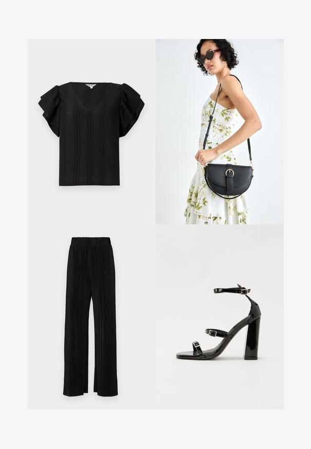 Top nero con scollatura a V, maniche corte a volant e righe verticali testurizzate. Realizzato in tessuto leggero. Design semplice e taglio morbido.; Pantaloni neri a plissé con vita elasticizzata. Presentano gamba ampia e un tessuto liscio e texture con strisce verticali.; Sandali con tacco in vernice nera, con punta squadrata, cinturini alla caviglia e fibbie in argento. Presentano un tacco a blocco spesso per maggiore stabilità.; Borsa a tracolla nera in pelle con una forma curva, manico rimovibile e accessori dorati. La borsa presenta una patta con un dettaglio a fibbia.