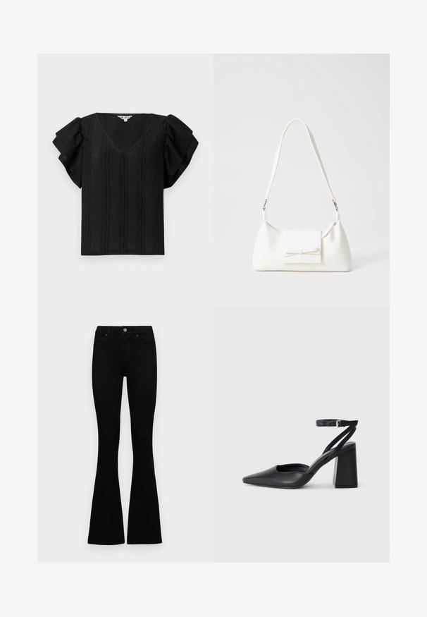 Sort top med V-hals, korte rynkede ærmer og teksturerede vertikale striber. Lavet af letvægtsstof. Simpel, løstsiddende design.; Sorte højtaljede jeans med knap- og lynlåslukning, forlommer og flagrende ben, lagt fladt på en hvid baggrund.; Sort læder spidse pumps med ankelrem og en chunky hæl. Flad tekstur, slankt design og minimalistisk æstetik.; Hvid syntetisk håndtaske med en trekantet form, flad forsideklap og sløjfedetalje, justerbar strop, glat tekstur og minimalistisk design.