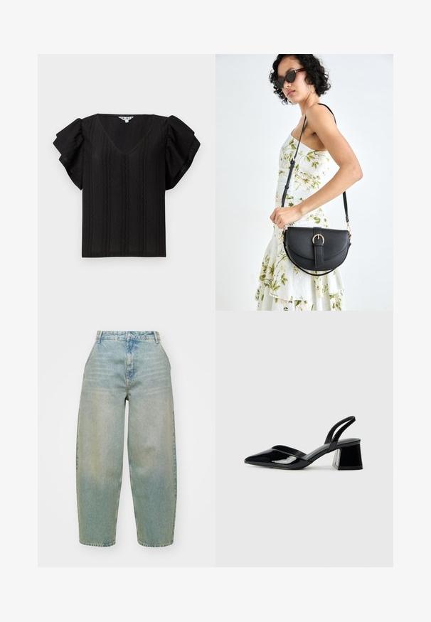 Sort top med V-hals, korte rynkede ærmer og teksturerede vertikale striber. Lavet af letvægtsstof. Simpel, løstsiddende design.; Lyst blå denimjeans med høj talje, brede ben, subtil fading og klassisk knaplukning. Indeholder fem lommer og syning detaljer.; Sorte patentlæder slingback hæle med spids tå og en geometrisk blok hæl. Har et elegant, minimalistisk design og en glat tekstur.; Sort læderhåndtaske med en buet form, aftagelig rem og guldfinish. Tasken har en klap med en spænde detalje.