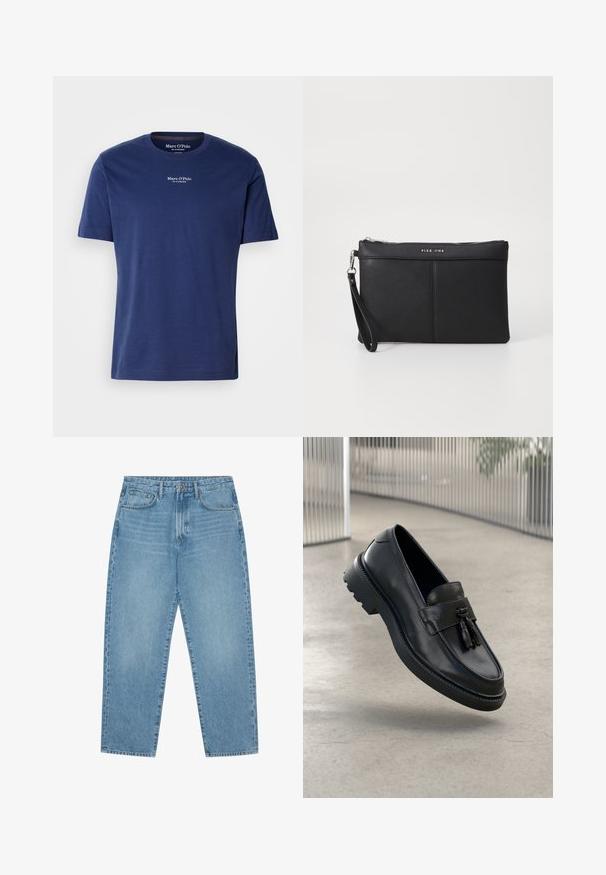 Marinblå bomullströja med korta ärmar, rund halsringning och liten vit logotyp på bröstet. Slät textur och avslappnad passform.; Ljusblåa jeans i denim med rak modell, fem fickor och lätt urblekt textur. Har knapp- och blixtlåsstängning.; Svarta loafers i läder med slät yta, dekorativ tofs, tjock sula i gummi och sydda detaljer. Lätt och elegant design.; Svart syntetisk clutch med dragkedja, handledsrem och en slät textur. Har subtil sömnad och en prägling av logotypen på framsidan.