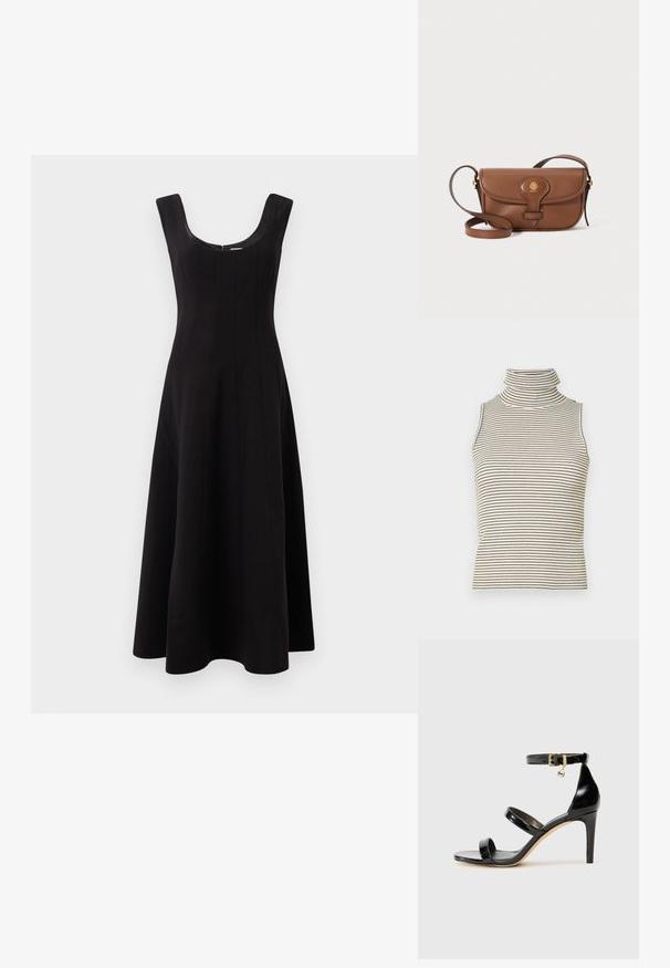 Bele gydimo viršus be rankovių su vertikaliomis juodai baltomis juostomis, pagamintas iš tekstūruoto mezgimo audinio, turintis aukštą, prigludusią apykaklę.; Juoda suknelė su iškirpte, be rankovių ir platėjančiu A formos siluetu. Suknelė turi vertikalias siūles, suteikiančias struktūrą.; Juodas patentuotas odinis sandalai su trimis diržais, kulkšnies sagtimi ir 4 colių stiletto kulnu. Yra aukso detalės ir logotipo žavesys.; Ruda odinė per petį nešančia maišelis su kreivą užsegimu, auksine apdaila ir dekoratyvine emblema. Dirželis yra reguliuojamas ir turi lygų paviršių.