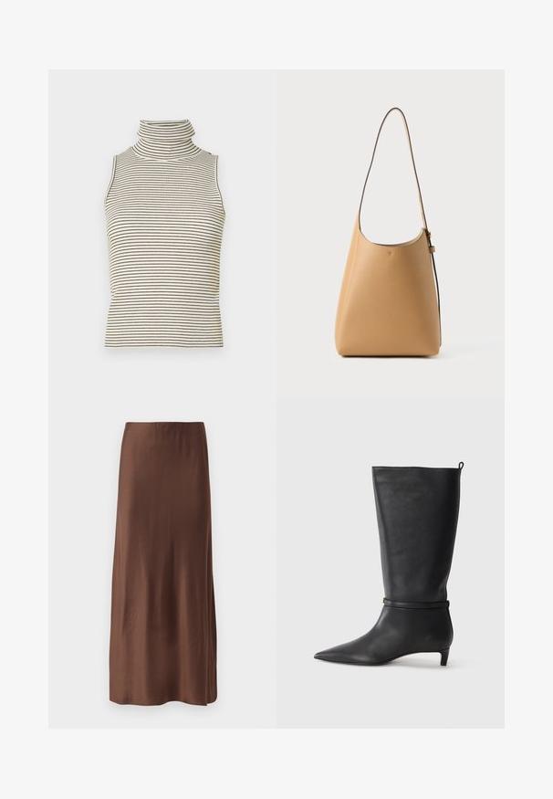 Sleeveless turtleneck top with vertical black and white stripes, made of a textured knit fabric, featuring a high, snug collar.; Brown satin midi skirt with a smooth texture, featuring a straight cut and no visible patterns or embellishments. Simple and elegant design.; Black leather knee-high boot with a pointed toe, accented by a circular strap around the ankle and a low, tapered heel. Smooth texture.; Leather shoulder bag in light tan with a smooth texture, minimalist design, a single curved strap, and subtle hardware detailing.
