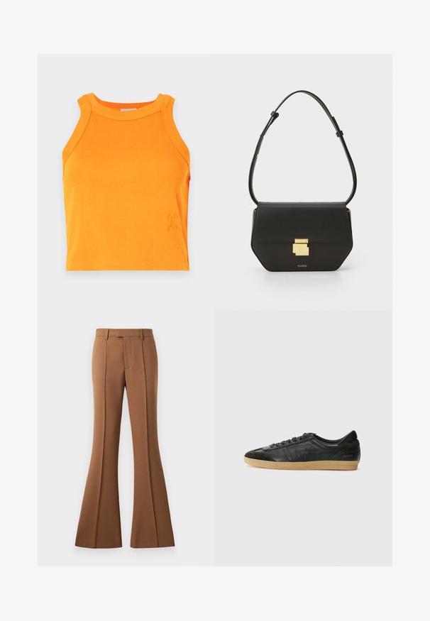 Τιραντάκι πορτοκαλί με ρίγες, ψηλό λαιμό και χωρίς μανίκια. Διαθέτει διακριτική λογότυπο στην άκρη. Μαλακό και ελαστικό υλικό.; Καφέ καμπάνα παντελόνι από λείο ύφασμα, με ψηλή μέση, πρέσες και μπροστινές τσέπες για επιπλέον λεπτομέρεια.; Μαύρο δερμάτινο αθλητικό παπούτσι με σουέτ λεπτομέρειες, στρογγυλή μύτη, σόλα από καουτσούκ γκαμ, επίπεδα κορδόνια και ραφές. Περιέχει λογότυπο της μάρκας στη φτέρνα.; CLOSED CLOSED ONE  - Τσάντα χιαστί - black