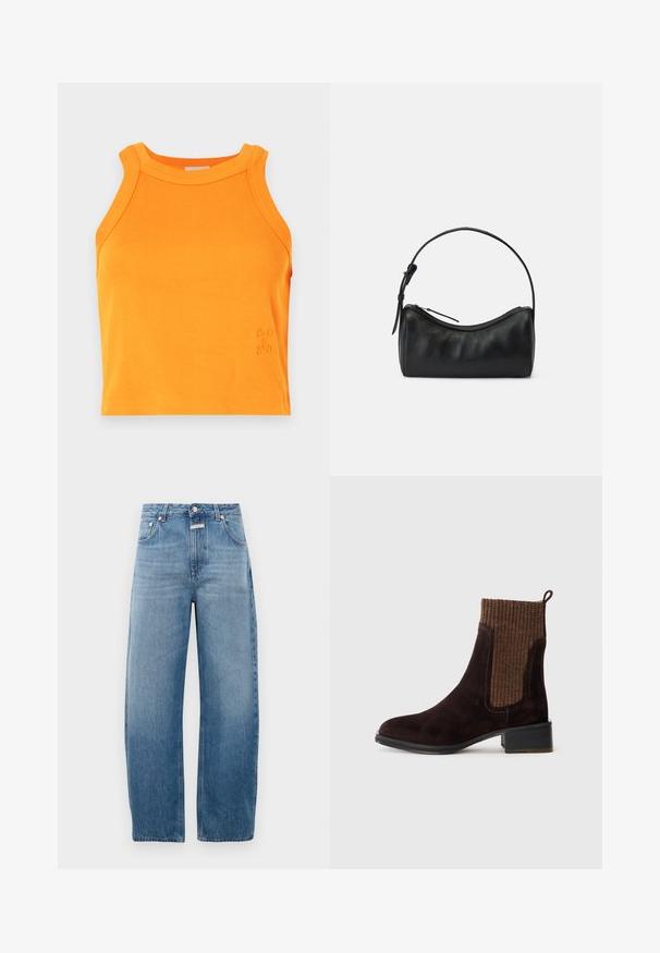 Ribota oranžinė maikutė su aukštu apykaklės iškirpimu ir be rankovių dizainu. Pasižymi subtiliu logotipo detaliu ant apatinių kraštų. Minkšta, elastinga medžiaga.; Šviesiai mėlyni džinsai, aukštu juosmeniu, tiesaus kirpimo. Turi klasikinį penkių kišenių dizainą ir metalinį mygtuko užsegimą.; Rudos zomšu kulkšnės auliniai batai su tekstūruotu rudu ribotu mezginiu viršumi, glotnia paviršiumi, žemu blokuotu kulnu ir kilpeliu ant kulno, kad būtų patogu užsimauti.; Juodas odinis petinis krepšys su kreivėmis, užtrauktuko uždarymu ir plonu dirželiu. Pasižymi lygiu paviršiumi ir subtiliais siuvinėjimo akcentais.