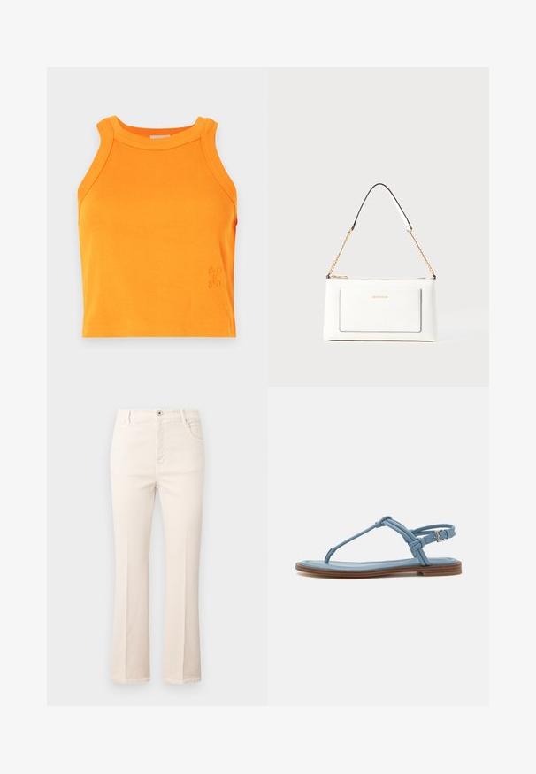 Rebrasta oranžna majica brez rokavov z visokim ovratnikom. Ponuja subtilno logotipno podrobnost na robu. Mehka, elastična tkanina.; Svetlo rjave flare kavbojke iz bombaža, z visokim pasom, petimi žepi, gumbom za zapiranje in diskretnimi detajli šivanja.; Modra usnjena japanka z ravnim podplatom, ki ima ozko naramnico in zaponko okoli gležnja za varno prileganje.; Bela usnjena torbica z teksturirano površino, ki vključuje zlat pas in črne detajle. Ima sprednji žep in zadrgo.