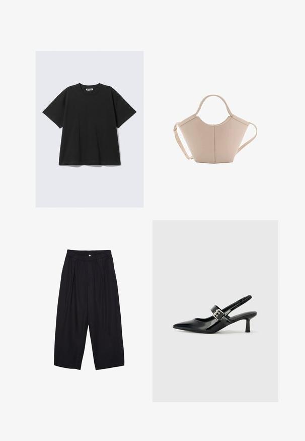 Czarny t-shirt z krótkim rękawem, wykonany z bawełny, w luźnym kroju, z okrągłym dekoltem i minimalistycznym wzornictwem. Brak wzorów lub widocznych akcentów.; Czarne spodnie culotte z poliestru z elastycznym pasem, dwoma fałdami z przodu i luźnym krojem. Brak widocznych wzorów lub elementów metalowych.; Czarne lakierowane szpilki slingback z wąskim noskiem i małym słupkiem, z ozdobnym srebrnym klamrą na pasku.; Beżowa skórzana torebka o unikalnym kształcie, z dwoma krótkimi uchwytami i długim, regulowanym paskiem. Gładka tekstura z minimalną ilością elementów metalowych.