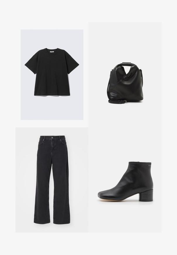 Czarny t-shirt z krótkim rękawem, wykonany z bawełny, w luźnym kroju, z okrągłym dekoltem i minimalistycznym wzornictwem. Brak wzorów lub widocznych akcentów.; Czarne jeansy o wysokim stanie, proste nogawki, z guzikami z przodu, szlufkami na pasek i kieszeniami, wyeksponowane na białym tle.; Czarne skórzane botki za kostkę z zaokrąglonym noskiem, średniej wysokości słupkowym obcasem, gładką fakturą i zapięciem na zamek z tyłu.; Czarna, miękka skórzana torba o unikalnym skręconym wzorze. Posiada krótki uchwyt oraz odpinany pasek na ramię. Styl minimalistyczny.