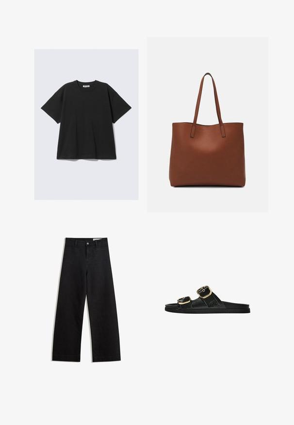 Black short-sleeve t-shirt in cotton with a relaxed fit, crew neck, and minimalistic design. No patterns or visible accents present.; Black wide-leg denim pants with a high waist, featuring front and back pockets, stitched seams, and a button closure. Smooth texture.; Black slide sandal with two gold buckle accents, smooth textured material, flat sole, and a minimalist design.; Brown leather tote bag with a smooth texture, open top design, and two shoulder straps. Features minimal stitching and no visible hardware.