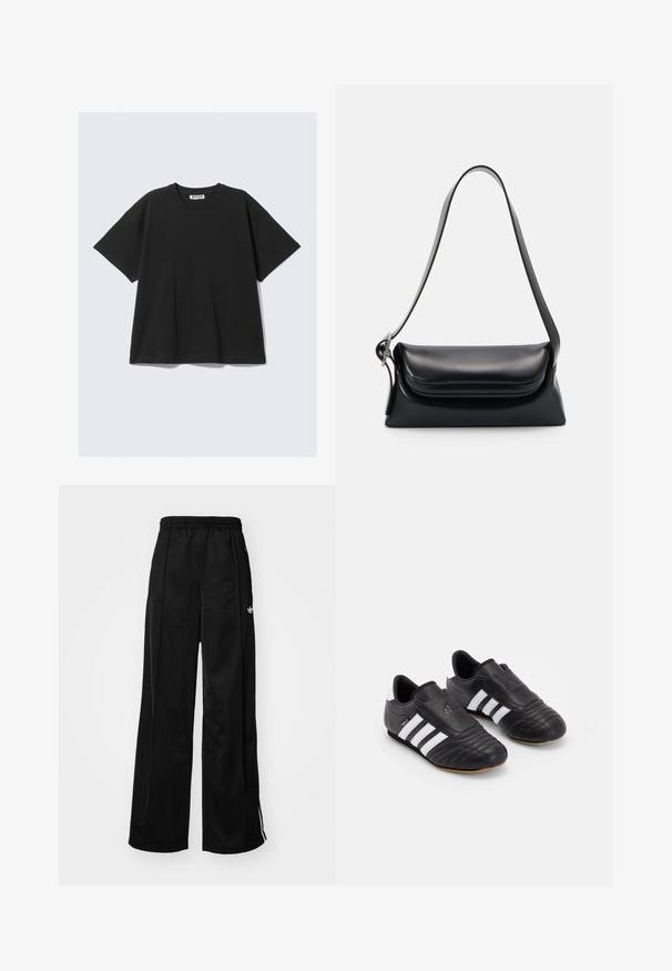 Must t-särk lühikeste varrukatega, valmistatud puuvillast, lõdva silueti, ümmarguse kaelaaugu ja minimalistliku disainiga. Ilma mustrite või nähtavate detailideta.; Mustad laiad spordipüksid elastse vöökohtaga, millel on valged külgtriibud ja väike logo vasakul puusal. Sile kangateksam.; Mustad jalgpallikingad musta värvi tekstureeritud nahk поверхности, millel on pehmendatud esiosa, kolm valget triipu külgedel ja kummist väljalaskeava.; Mustriga musta nahast käekott, millel on struktuurne kuju, sile tekstuur ja üks õlarihm. Omab peent, ümarat klappi.