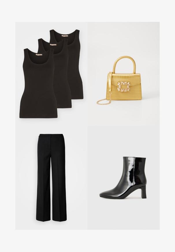 Three black tank tops made of cotton, featuring a scoop neckline and narrow shoulder straps. They have a smooth texture and a fitted design.; Black wide-leg trousers with a smooth fabric, featuring a high waist, tailored seams, and a minimalist design. No visible hardware or pockets.; Black patent leather ankle boot with a pointed toe and a mid-height block heel. Smooth texture and minimalist design.; Yellow faux-crocodile handbag with a structured design, top handle, detachable chain strap, and decorative crystal embellishment on the clasp.