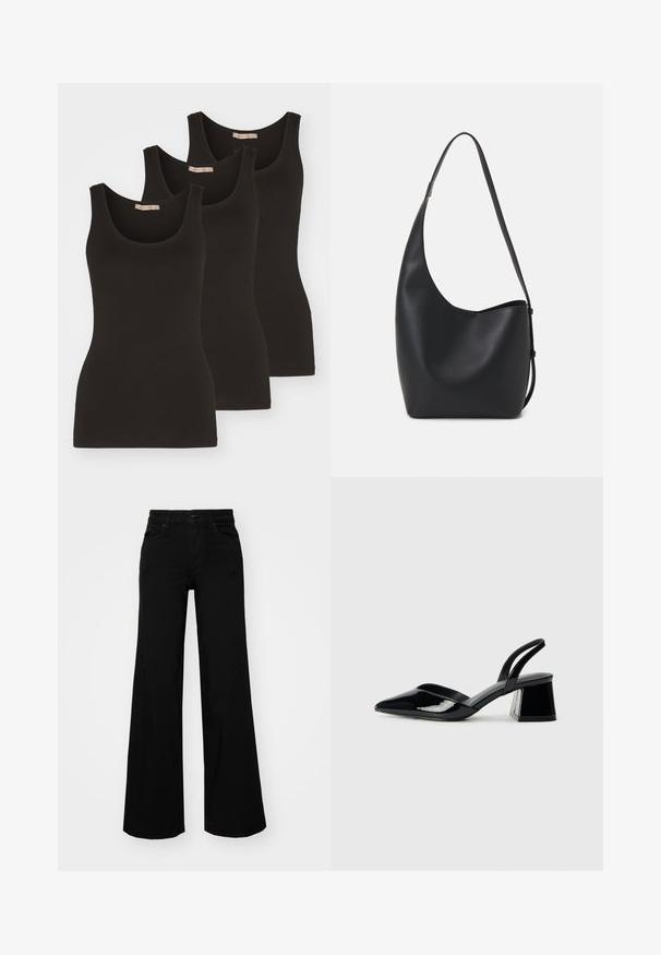 Tre sorte tanktoppe lavet af bomuld, med rund udskæring og smalle stropper. De har en glat tekstur og en tætsiddende pasform.; Sorte bukser med bred benvidde lavet af denim, med en struktureret talje, bæltesløjfer og forlommer. Glat tekstur med et klassisk design.; Sorte patentlæder slingback hæle med spids tå og en geometrisk blok hæl. Har et elegant, minimalistisk design og en glat tekstur.; Sort læder hobo taske med en glat overflade, buet form og en enkelt justerbar rem; har en bred åbning øverst.