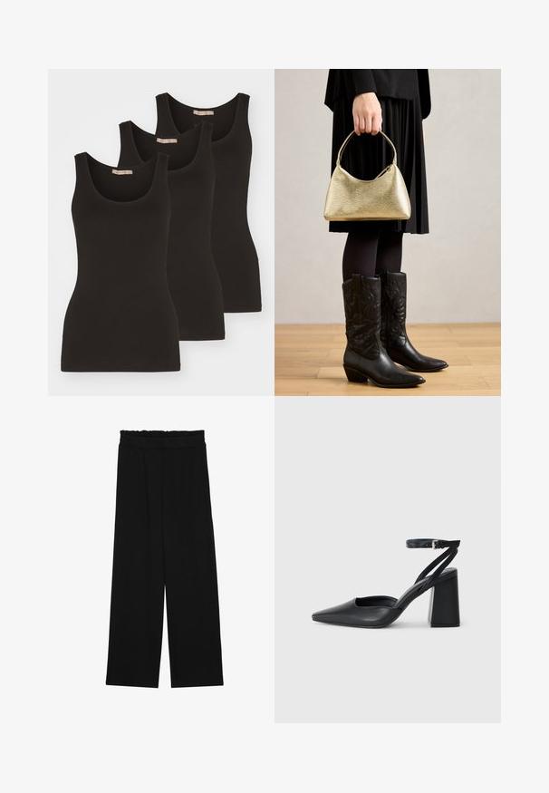 Trys juodi medvilniniai liemenukai su apvaliu kaklu ir siaurais petnešomis. Jie turi lygų paviršių ir prigludusią fasoną.; Juodi platūs kelnes su volaniniu juosmeniu, turinčiu dvi šonines kišenes ir glotnią, lengvą medžiagą. Nėra matomų raštų ar detalių.; Juoda odinė smailiagalė aukštakulnio bateliai su kulkšnies dirželiu ir storu kulnu. Lygus paviršius, elegantiškas dizainas ir minimalistiška estetinė. ; Auksinė tekstūruota rankinė su kreiva forma ir trumpu rankenėle, laikoma žmogaus, apsirengusio juoda plisuota sijonu ir juodais odiniais cowboy batais.